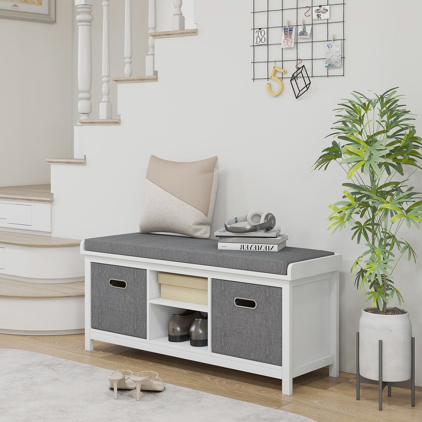 Shoe Storage Bench, with Cushion Seat - White/Grey, HOMCOM, 2