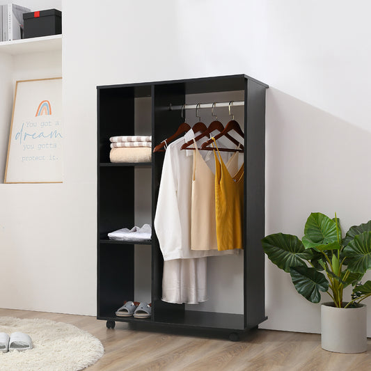 Open Wardrobe on Wheels with Clothes Rail, Bedroom Clothes Storage with Hanging Rod, 3 Storage Shelves, Mobile Garment Rack for Cloakroom, Hallway, Black, HOMCOM, 2