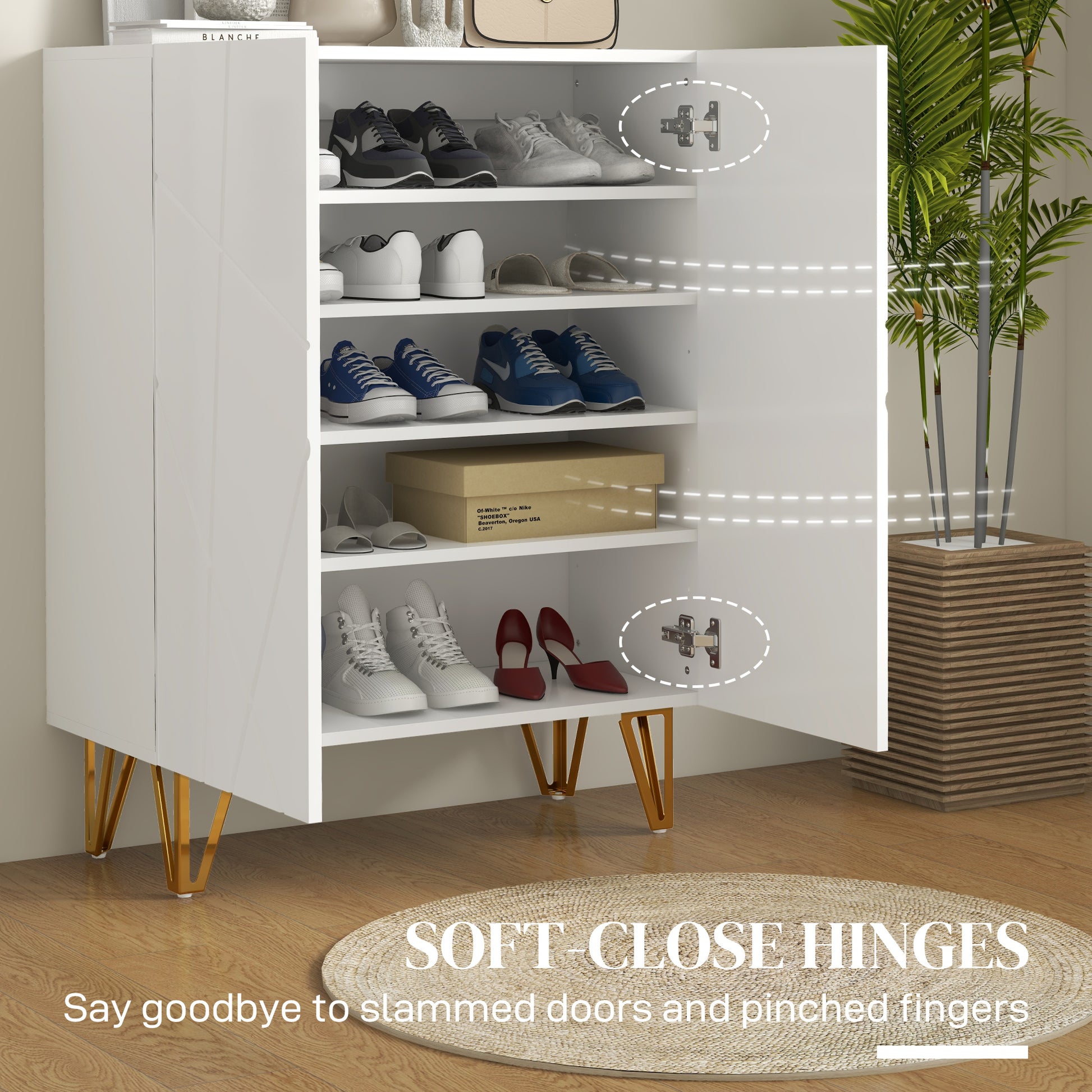 Narrow Shoe Storage Cabinet with Soft-Close Hinges and Adjustable Shelves for 15-20 Pairs of Shoes, White, HOMCOM, 5