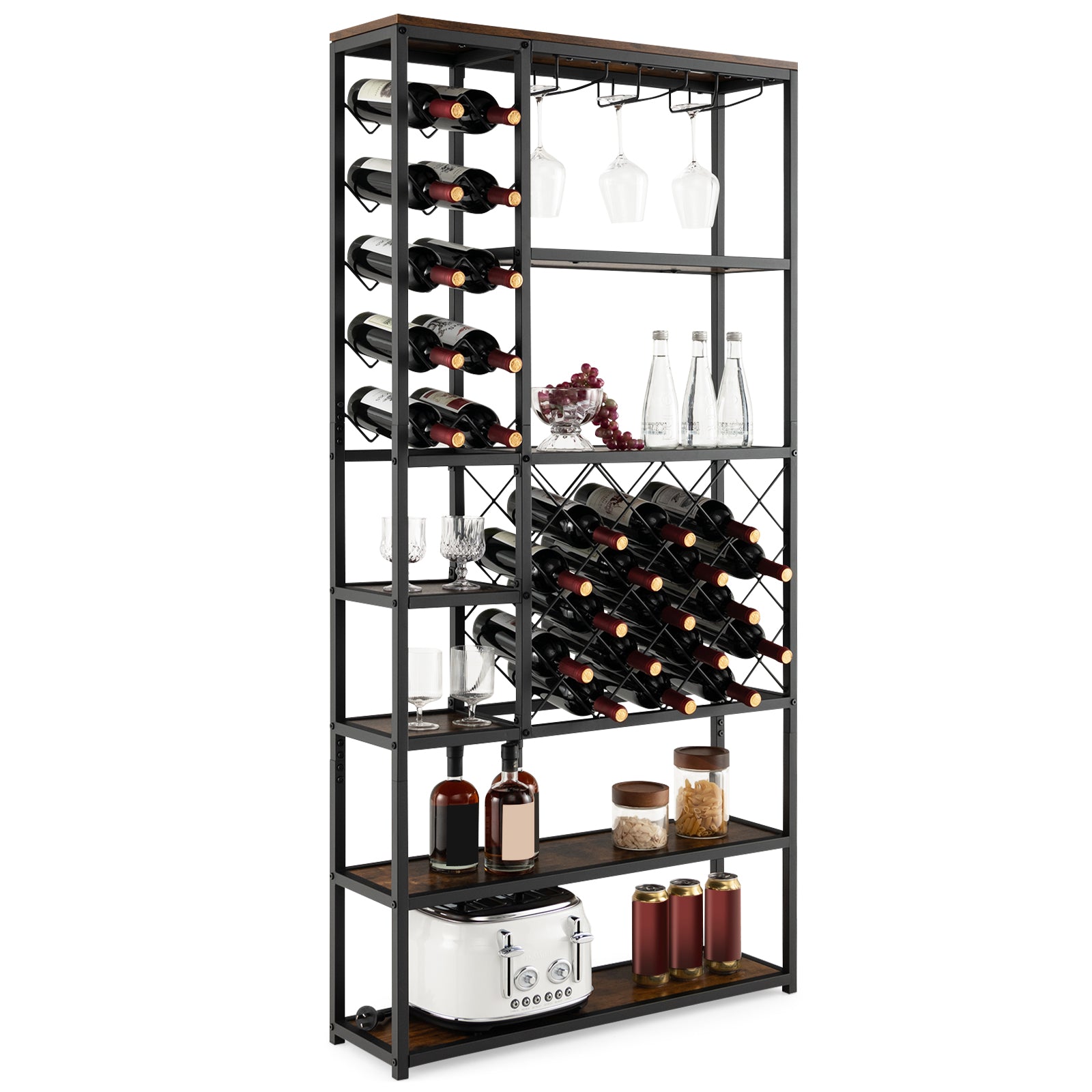 27 Bottles Tall Wine Rack with Glass Holders and Anti-tipping Device, Costway, 1