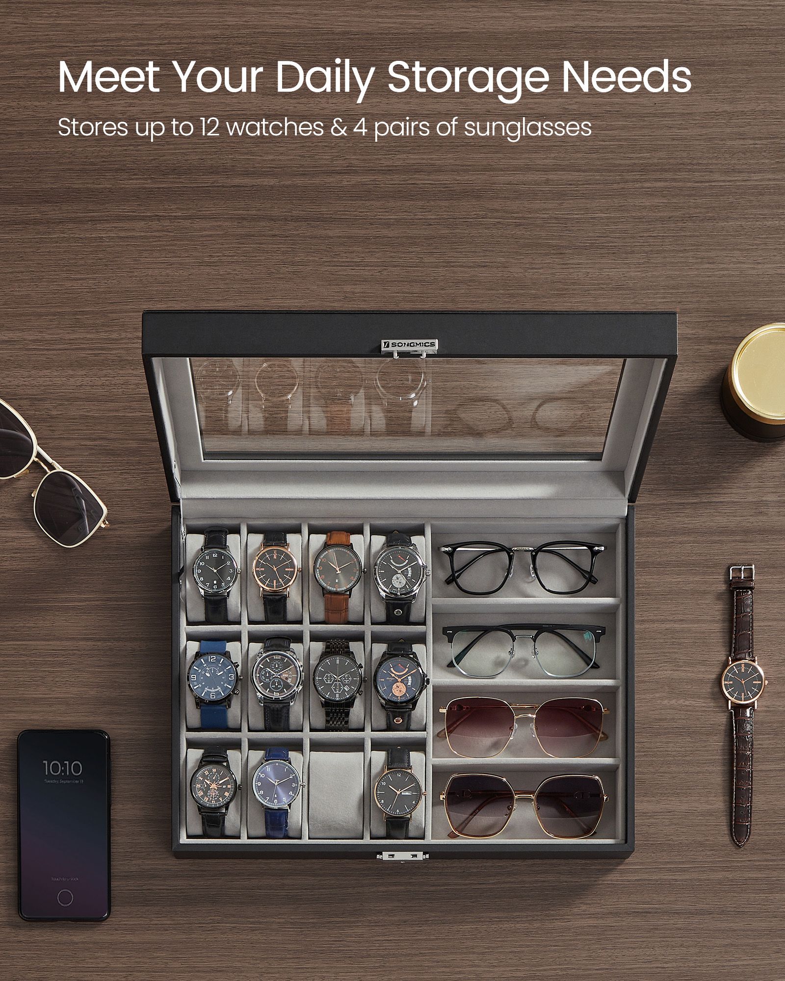 Watch Box, 36-Slot Watch Case, Lockable Watch Storage Box with Glass Lid, 3