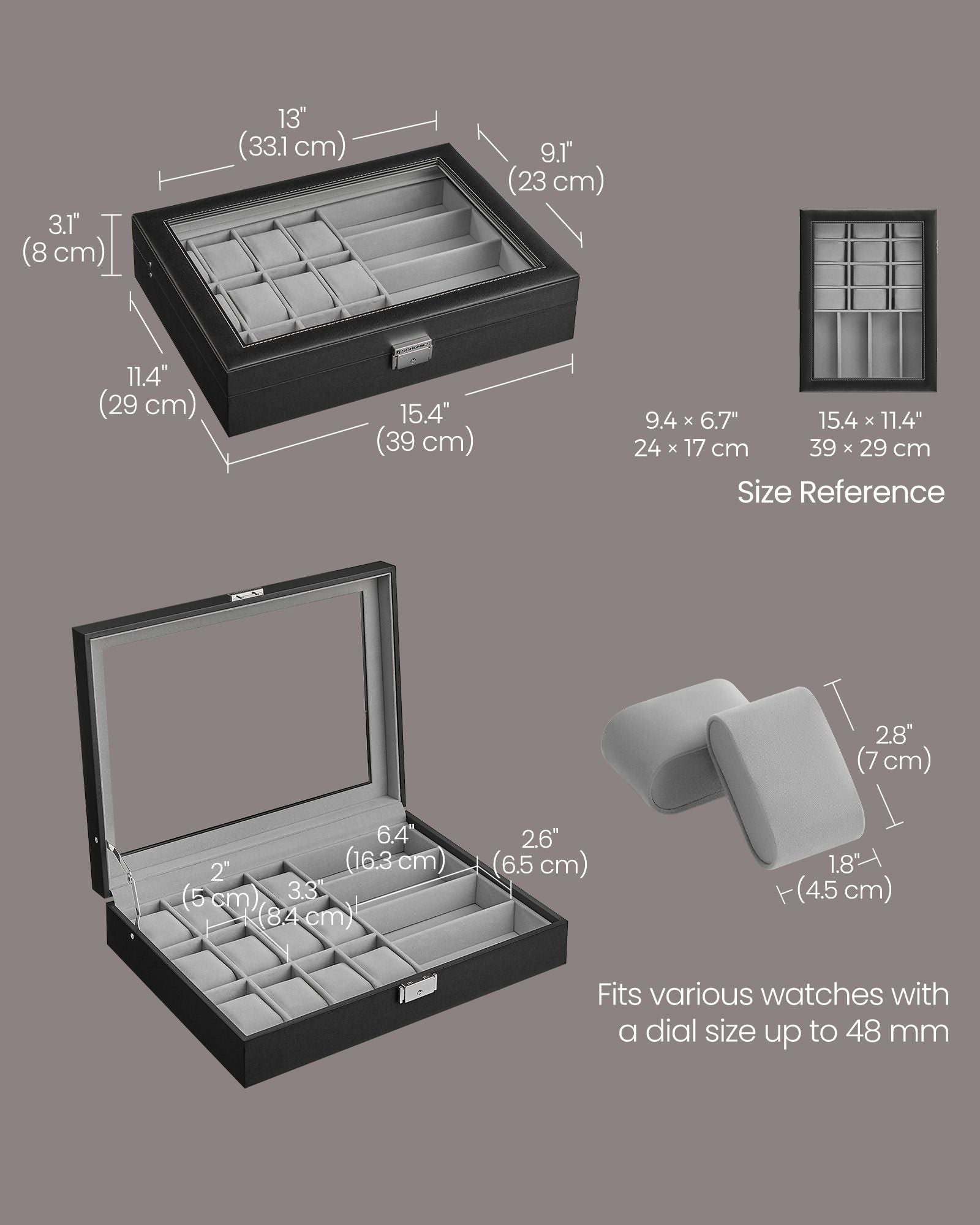 Watch Box, 56-Slot Watch Case, Lockable Watch Storage Box with Glass Lid, 5