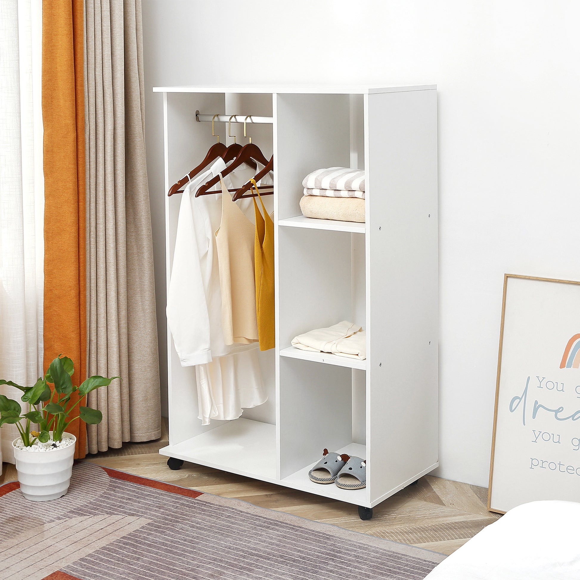 Open Wardrobe on Wheels with Clothes Rail, Bedroom Clothes Storage with Hanging Rod, 3 Storage Shelves, Mobile Garment Rack for Cloakroom, Hallway, White, HOMCOM, 2