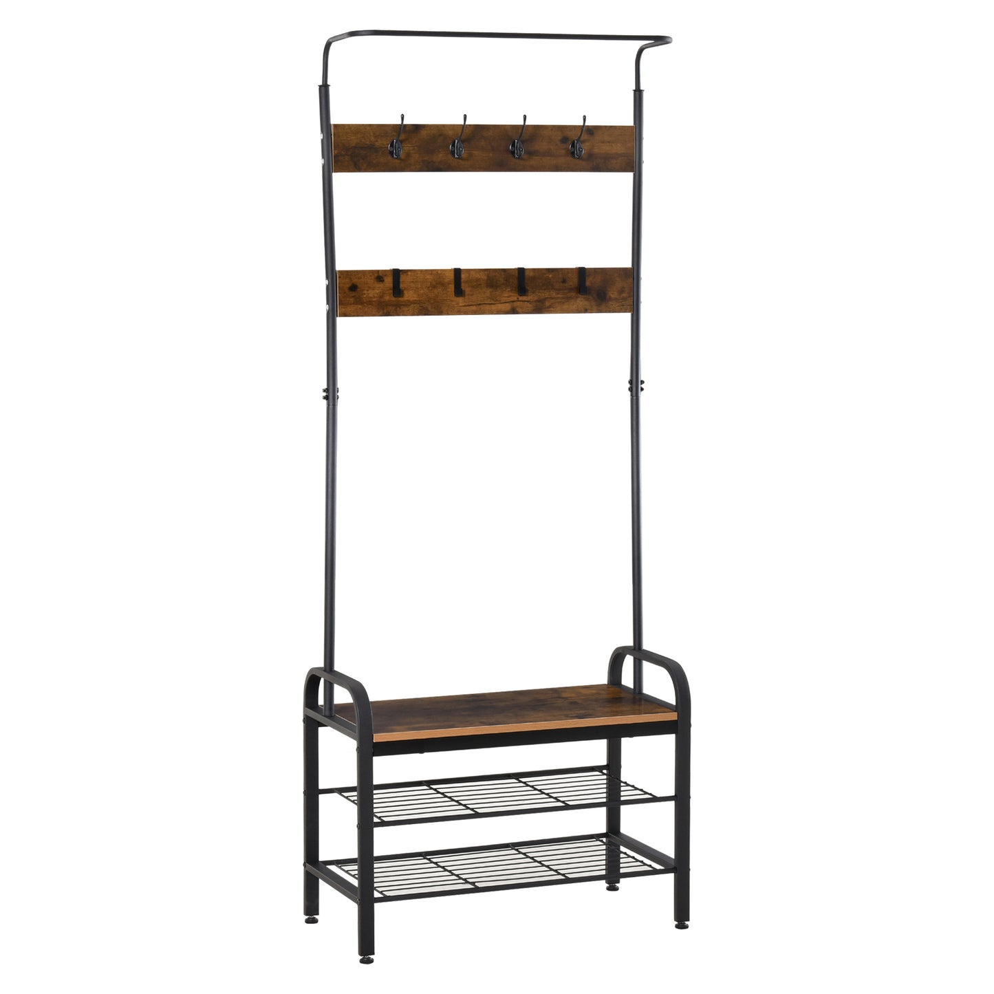 Coat Rack Stand Industrial hallway Shoe Rack Removable Hooks Metal Wood Hangers Storage Cabinet Rustic Brown 72L×34W×185H(cm), HOMCOM, 1