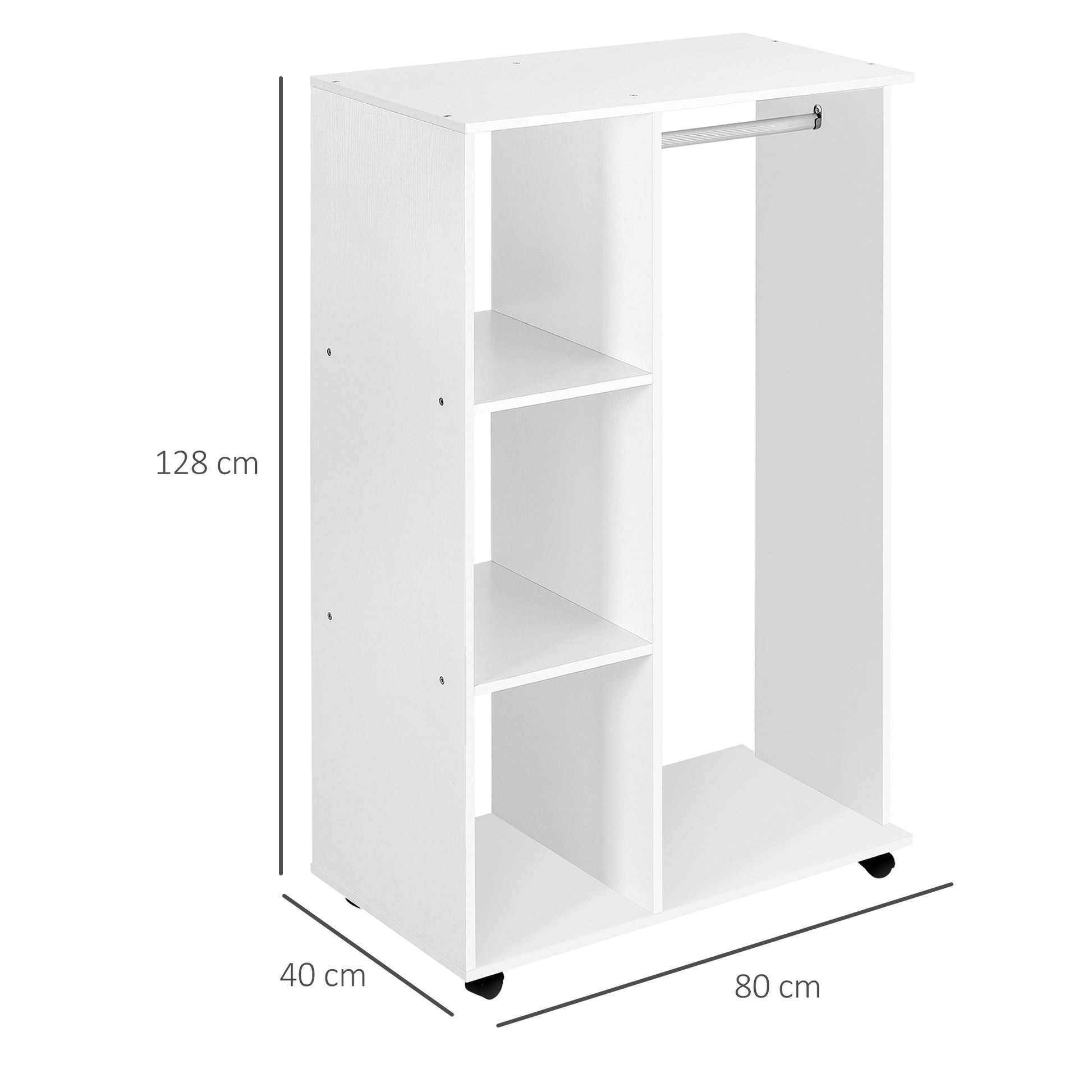 Open Wardrobe on Wheels with Clothes Rail, Bedroom Clothes Storage with Hanging Rod, 3 Storage Shelves, Mobile Garment Rack for Cloakroom, Hallway, White, HOMCOM, 3