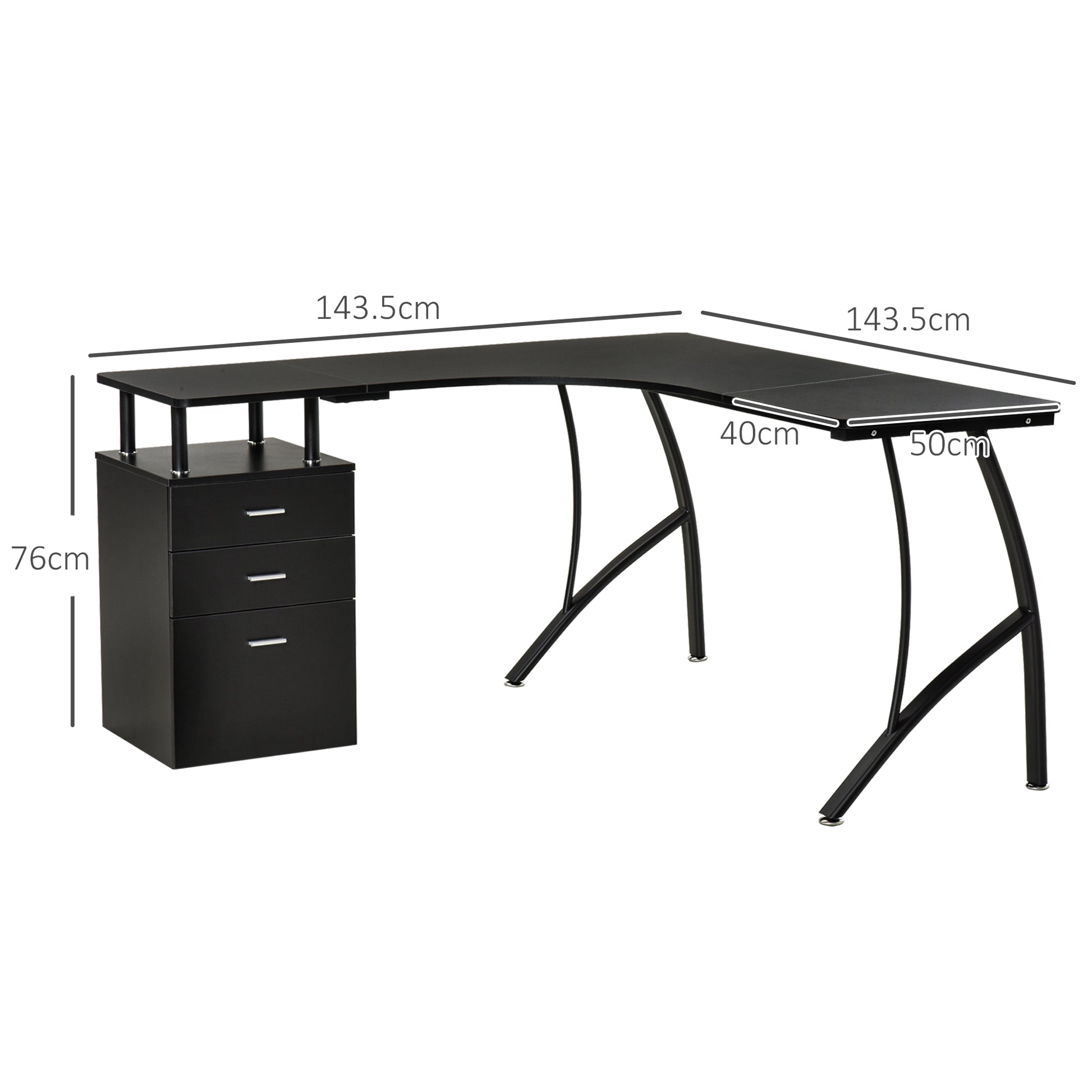 L-Shaped Computer Desk Table with Storage Drawer Home Office Corner Industrial Style Workstation for A4 Files 152 x 143.5 x 76cm, Black, HOMCOM, 3