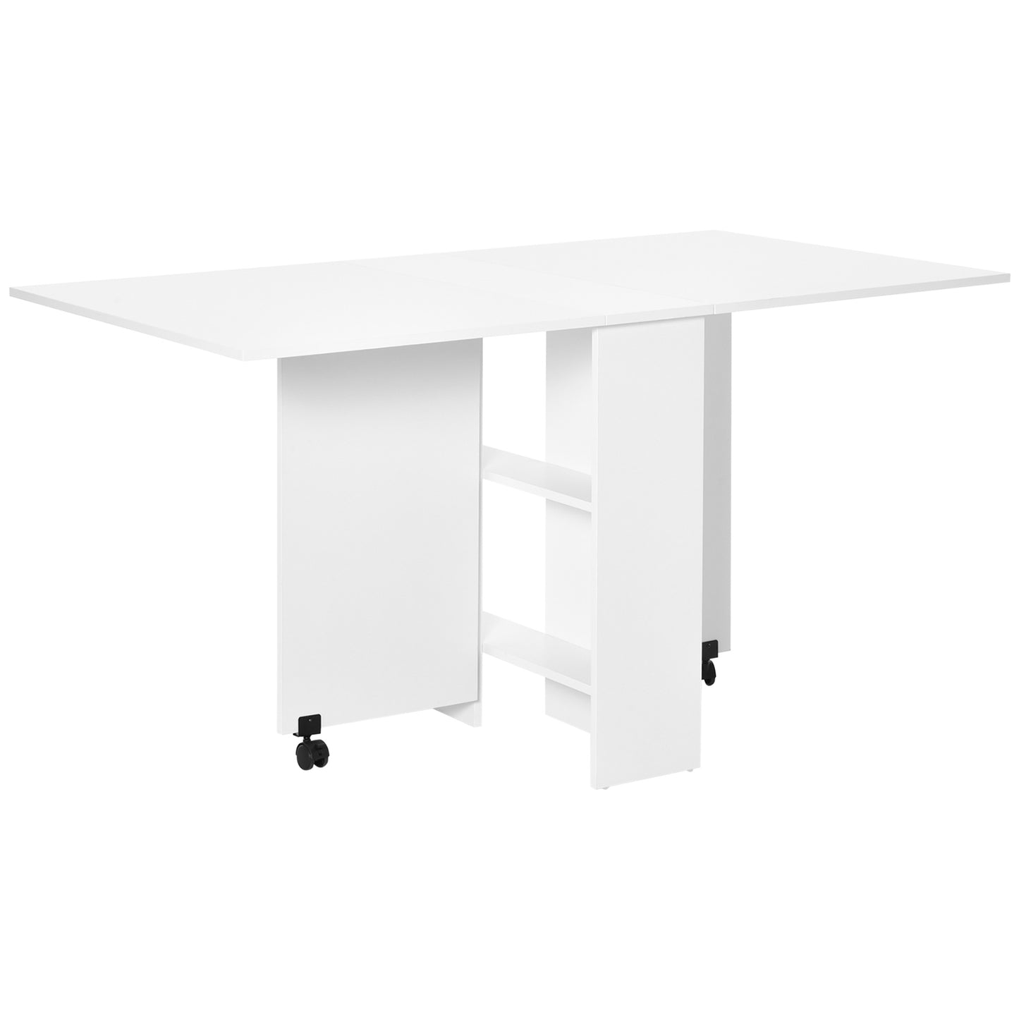 Mobile Drop Leaf Dining Kitchen Table, Folding Desk For Small Spaces With 2 Wheels & 2 Storage Shelves, White, HOMCOM, 1