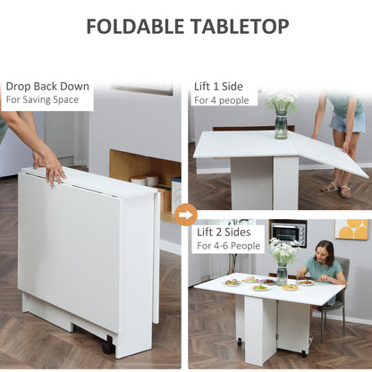 Mobile Drop Leaf Dining Kitchen Table, Folding Desk For Small Spaces With 2 Wheels & 2 Storage Shelves, White, HOMCOM, 4