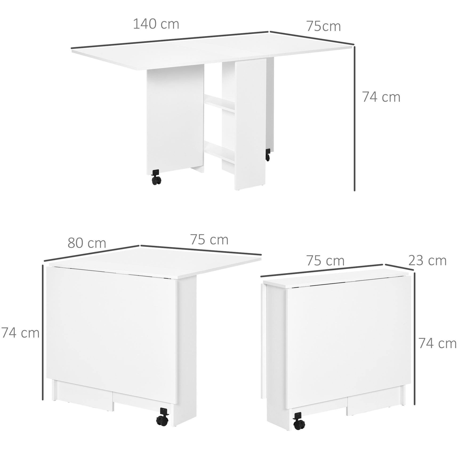 Mobile Drop Leaf Dining Kitchen Table, Folding Desk For Small Spaces With 2 Wheels & 2 Storage Shelves, White, HOMCOM, 3