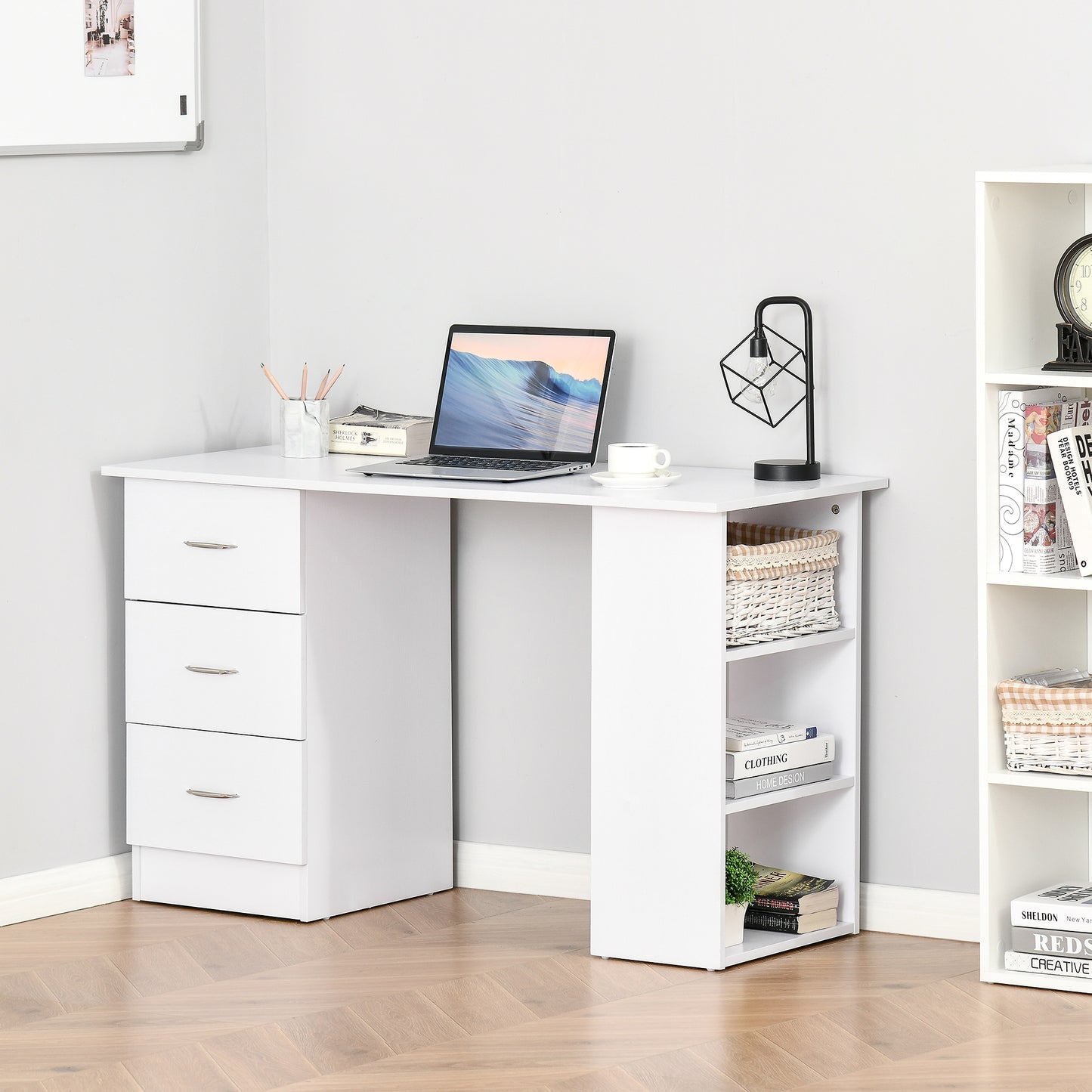 Computer Desk, Writing Table, PC Workstation with 3 Storage Shelves and Drawers, Silver Handle, for Home Office, White, HOMCOM, 2