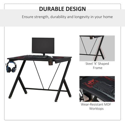 Gaming Desk, 108 x 66cm Computer Table Metal Frame with Cup Holder, Headphone Hook, Cable Hole, for Small Spaces, Black, HOMCOM, 6