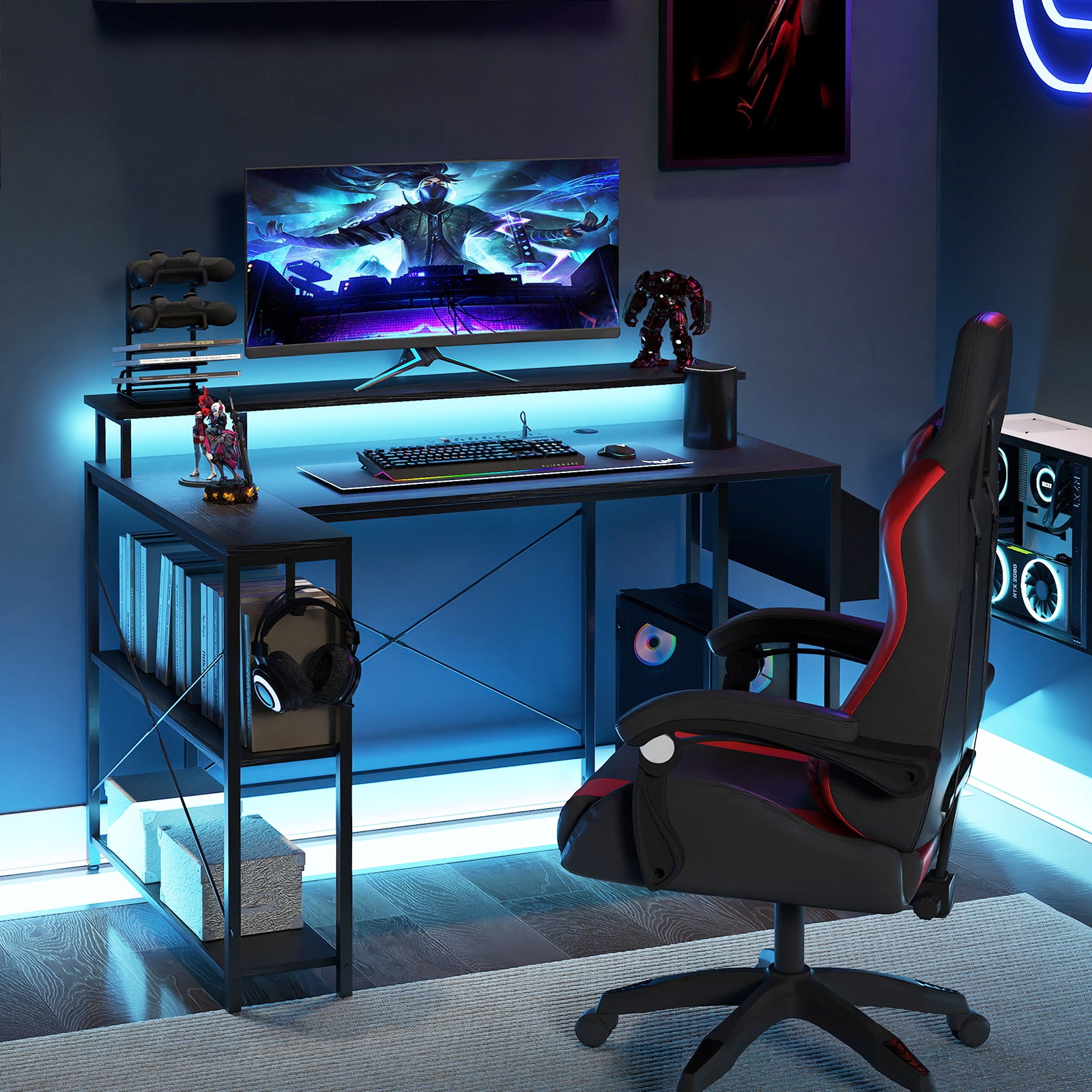 L-Shaped Gaming Desk 120 cm Computer Desk with LED Lights and Power Outlets-Black, Costway, 3