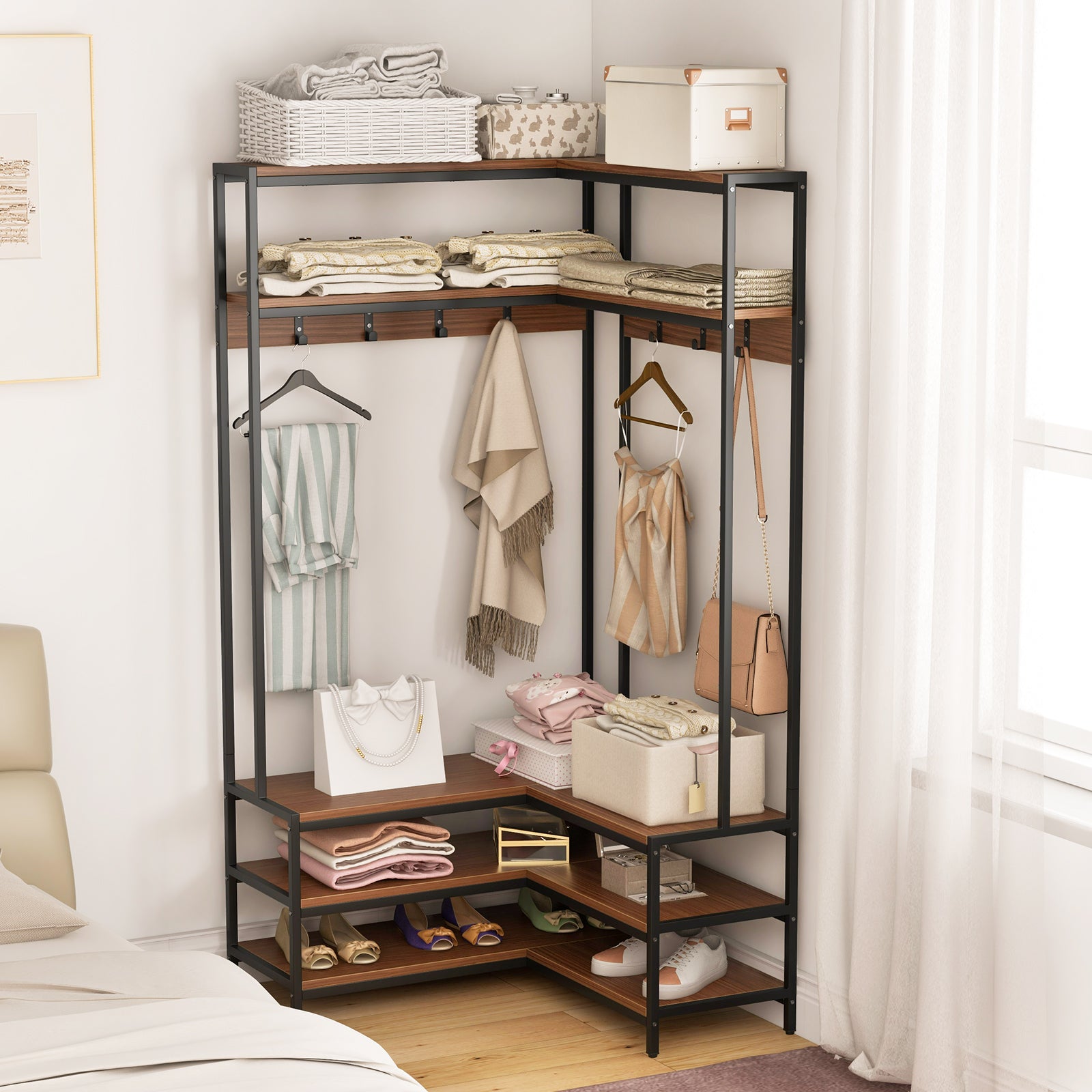 L-shaped Clothes Corner Garment Rack with Open Shelves and 7 Hooks-Walnut, Costway, 2