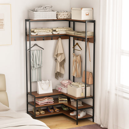 L-shaped Clothes Corner Garment Rack with Open Shelves and 7 Hooks-Walnut, Costway, 2
