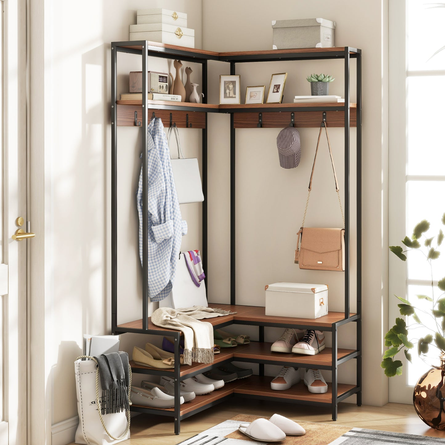 L-shaped Clothes Corner Garment Rack with Open Shelves and 7 Hooks-Walnut, Costway, 3