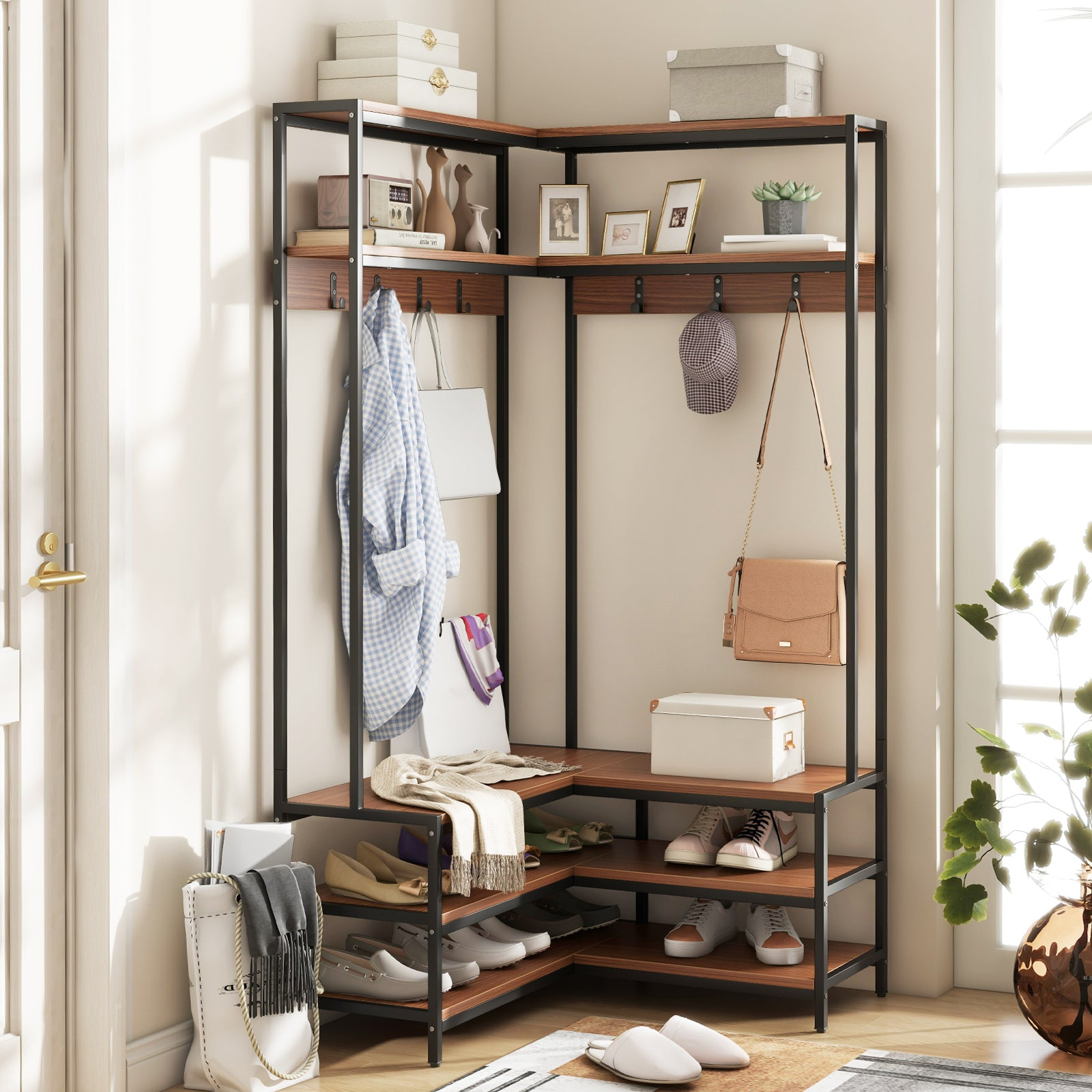L-shaped Clothes Corner Garment Rack with Open Shelves and 7 Hooks-Walnut, Costway, 3
