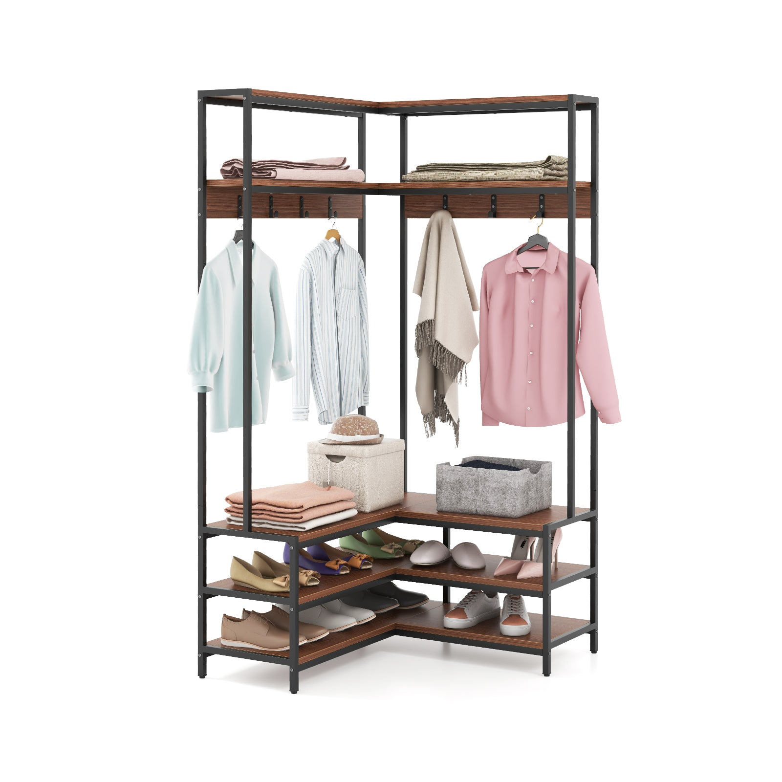 L-shaped Clothes Corner Garment Rack with Open Shelves and 7 Hooks-Walnut, Costway, 4