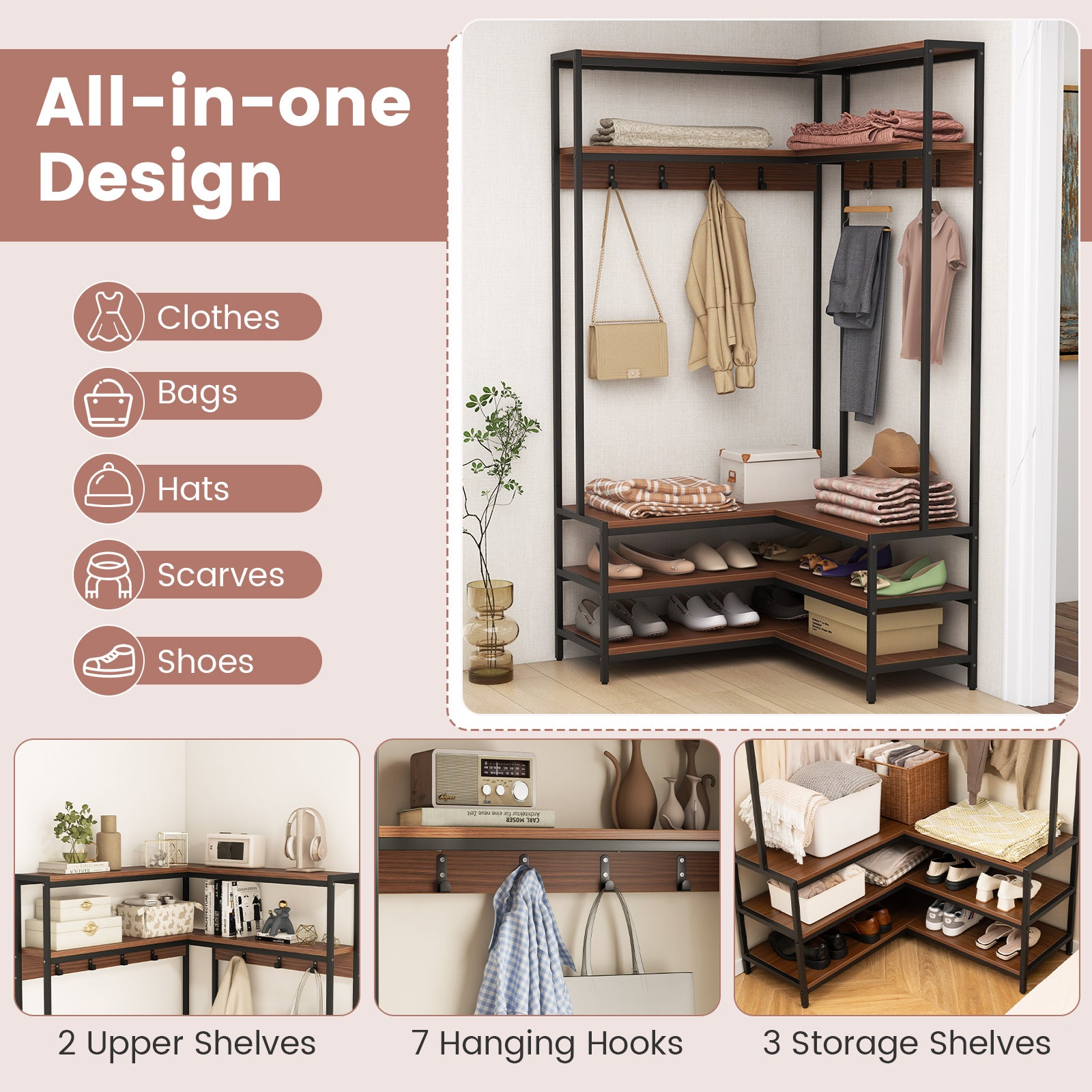 L-shaped Clothes Corner Garment Rack with Open Shelves and 7 Hooks-Walnut, Costway, 6