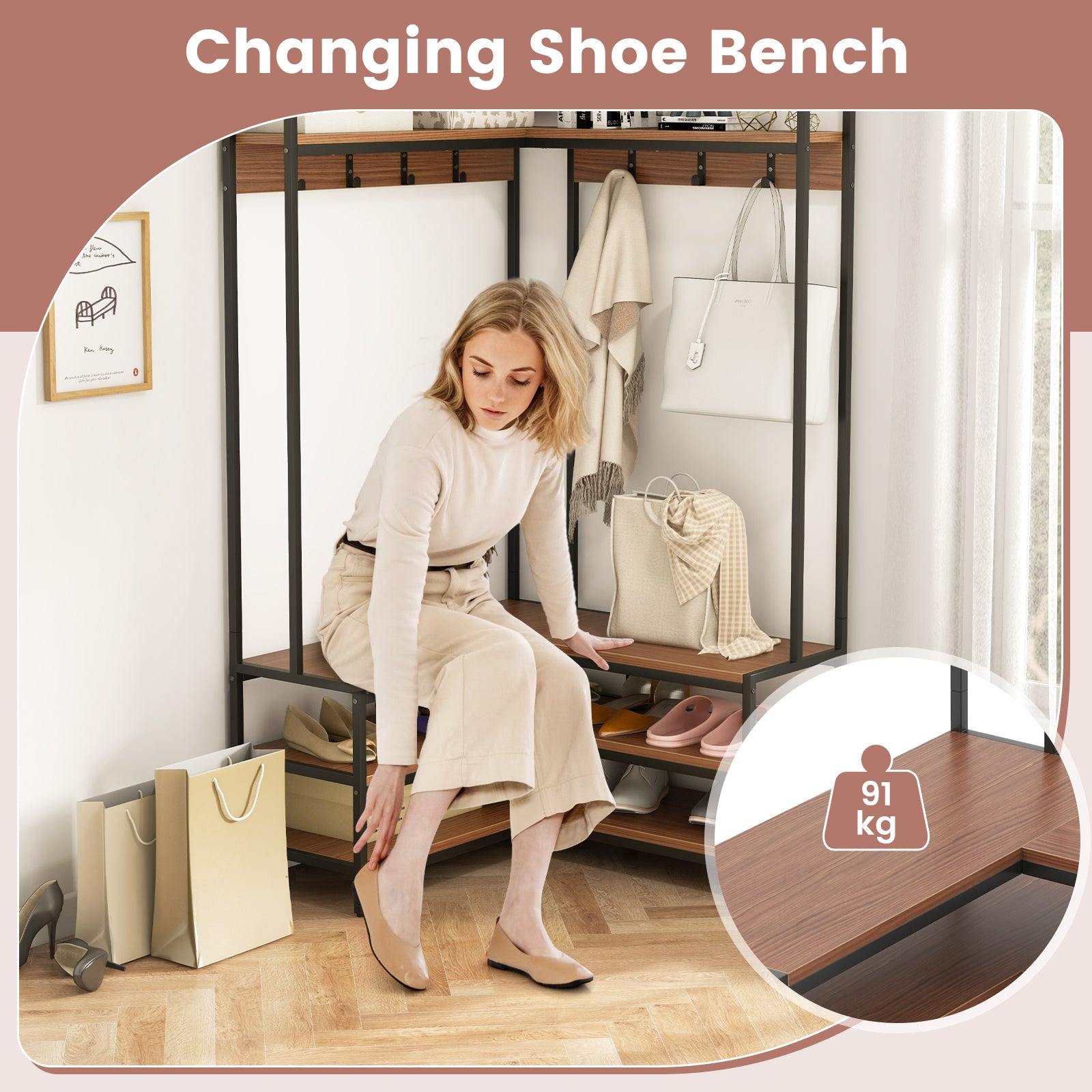 L-shaped Clothes Corner Garment Rack with Open Shelves and 7 Hooks-Walnut, Costway, 7