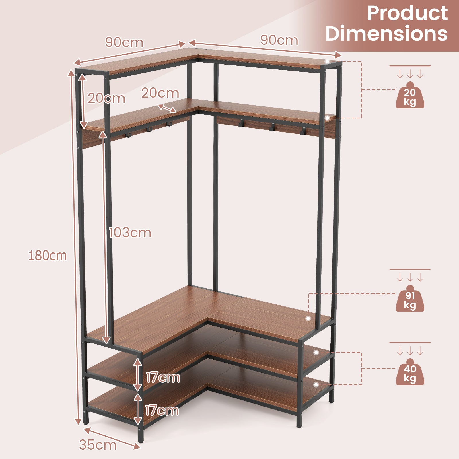 L-shaped Clothes Corner Garment Rack with Open Shelves and 7 Hooks-Walnut, Costway, 5