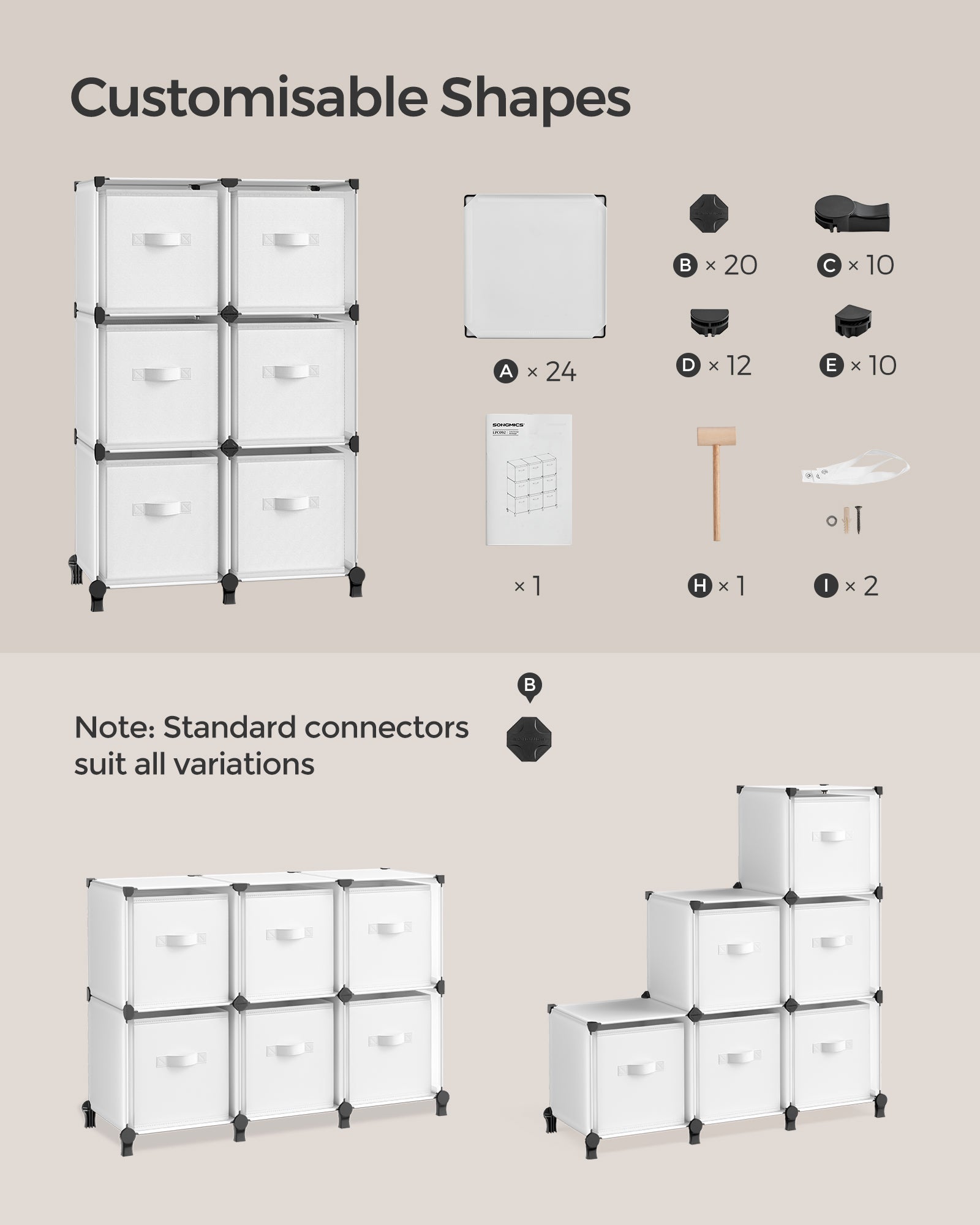 Cube Storage Unit with Storage Boxes, 6-Cube Clothes Storage Unit, 5