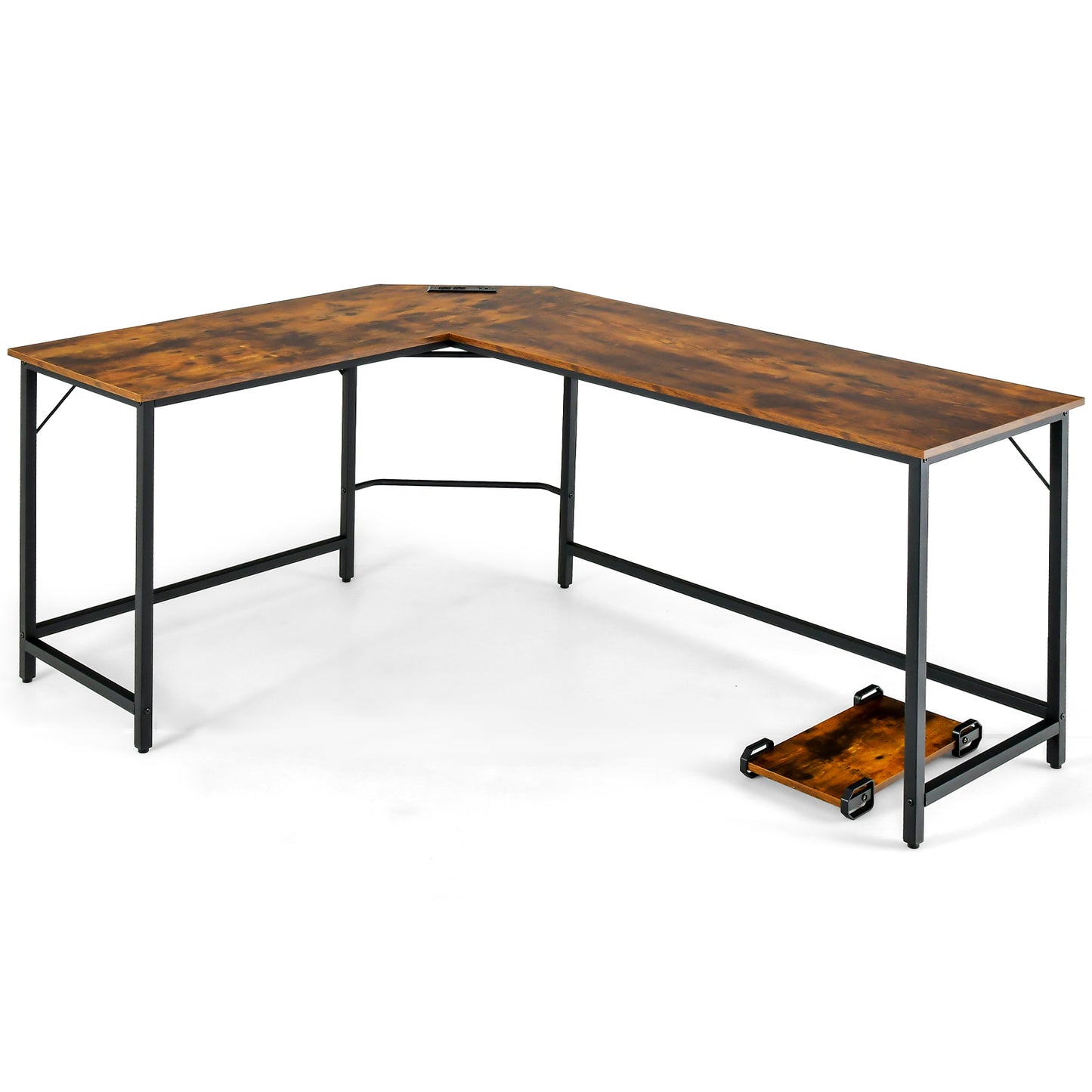 L-Shaped Desk with Power Outlet CPU Stand and Heavy-duty Metal Frame-Rustic Brown, Costway, 1