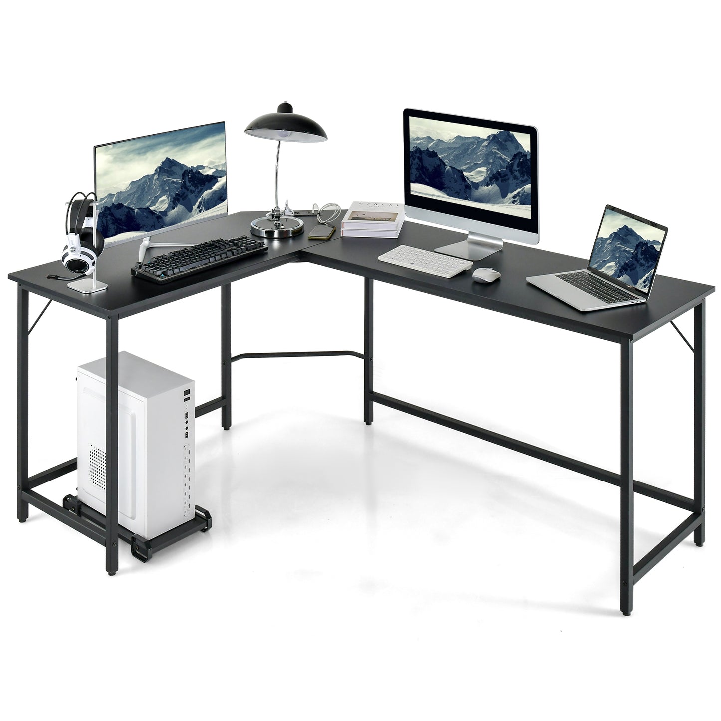 L-Shaped Desk with Power Outlet CPU Stand and Heavy-duty Metal Frame-Black, Costway, 4