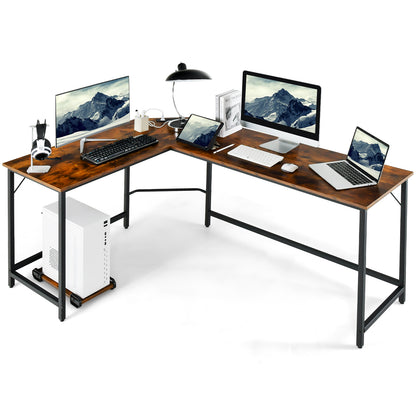 L-Shaped Desk with Power Outlet CPU Stand and Heavy-duty Metal Frame-Rustic Brown, Costway, 4