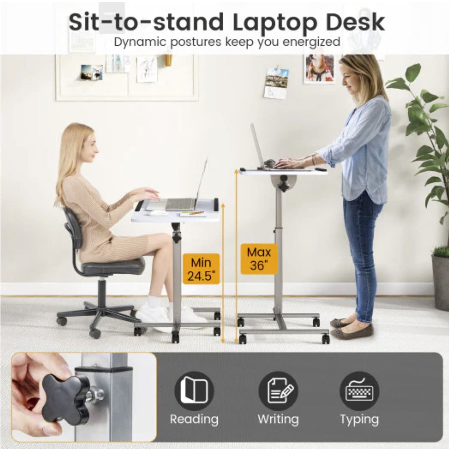 Costway - Laptop Table, Sofa Desk, Laptop Bed Table, Laptop Table for Sofa, Adjustable Laptop Table, C-shaped with Wheels and Tilting Top, White