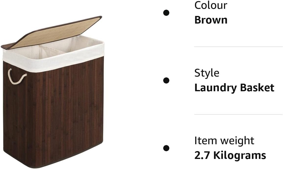 Laundry Basket with Lid, Bamboo Laundry Basket, Double Bamboo Laundry Hamper with 2 Sections, 100L, Brown, SONGMICS, 6