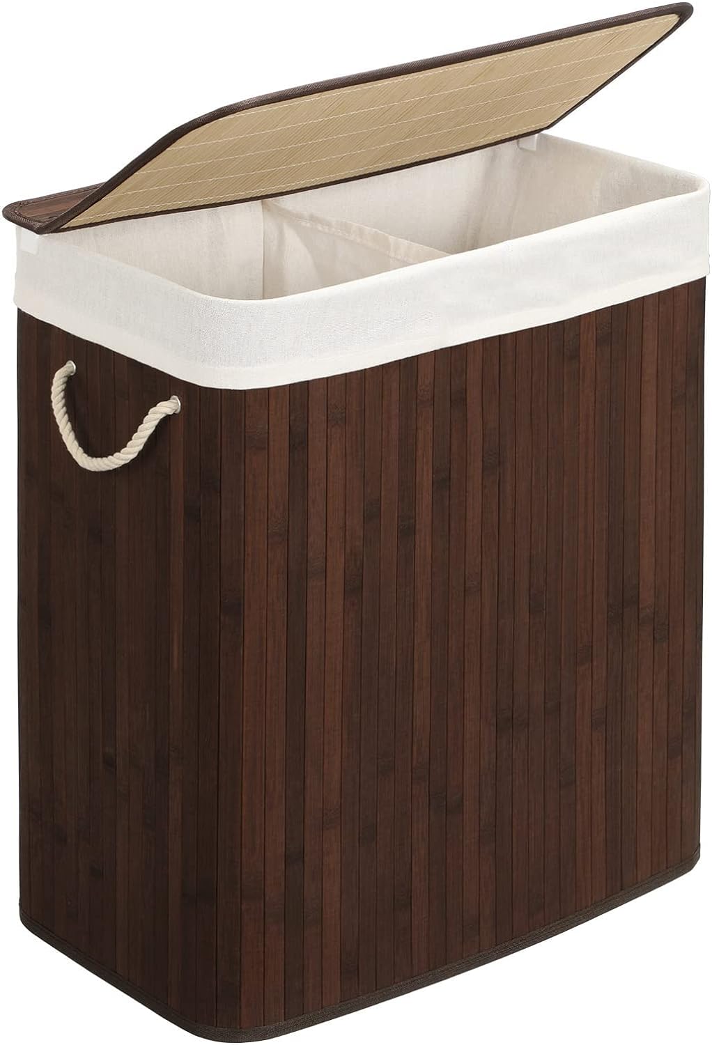 Laundry Basket with Lid, Bamboo Laundry Basket, Double Bamboo Laundry Hamper with 2 Sections, 100L, Brown, SONGMICS