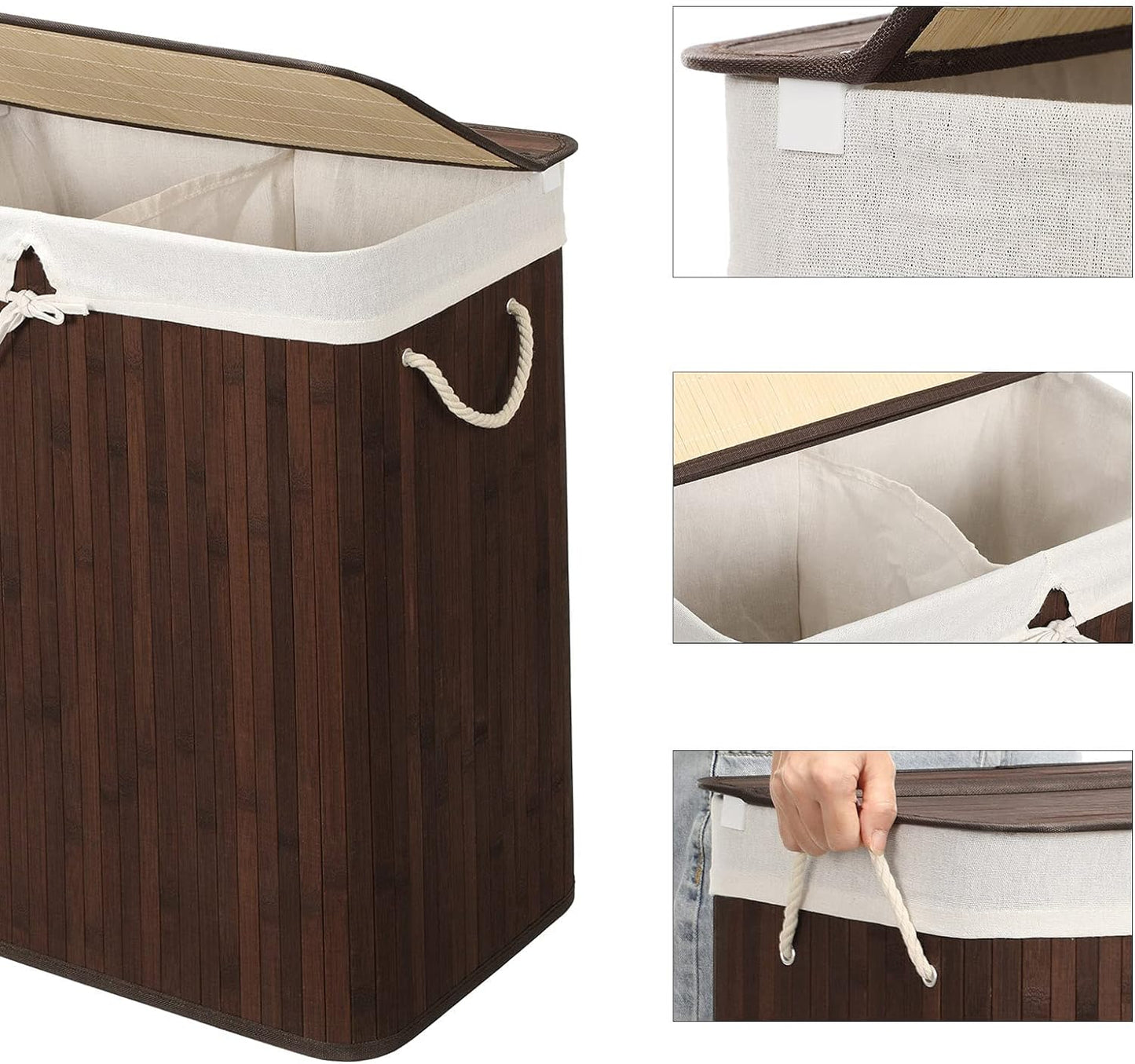 Laundry Basket with Lid, Bamboo Laundry Basket, Double Bamboo Laundry Hamper with 2 Sections, 100L, Brown, SONGMICS, 4