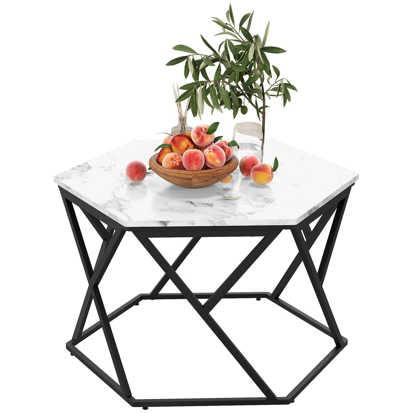 Modern Coffee Table, Cocktail Table with High Gloss Marble Effect Top, Steel Frame, for Living Room, White Marble, HOMCOM, 1