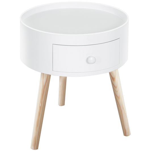 Modern Coffee Table, Wooden Side Table with Drawer, Wood Legs, Round Table, Living Room Storage, White, HOMCOM, 1