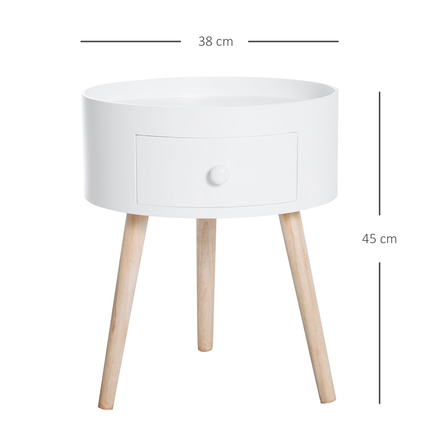 Modern Coffee Table, Wooden Side Table with Drawer, Wood Legs, Round Table, Living Room Storage, White, HOMCOM, 3