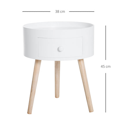 Modern Coffee Table, Wooden Side Table with Drawer, Wood Legs, Round Table, Living Room Storage, White, HOMCOM, 3