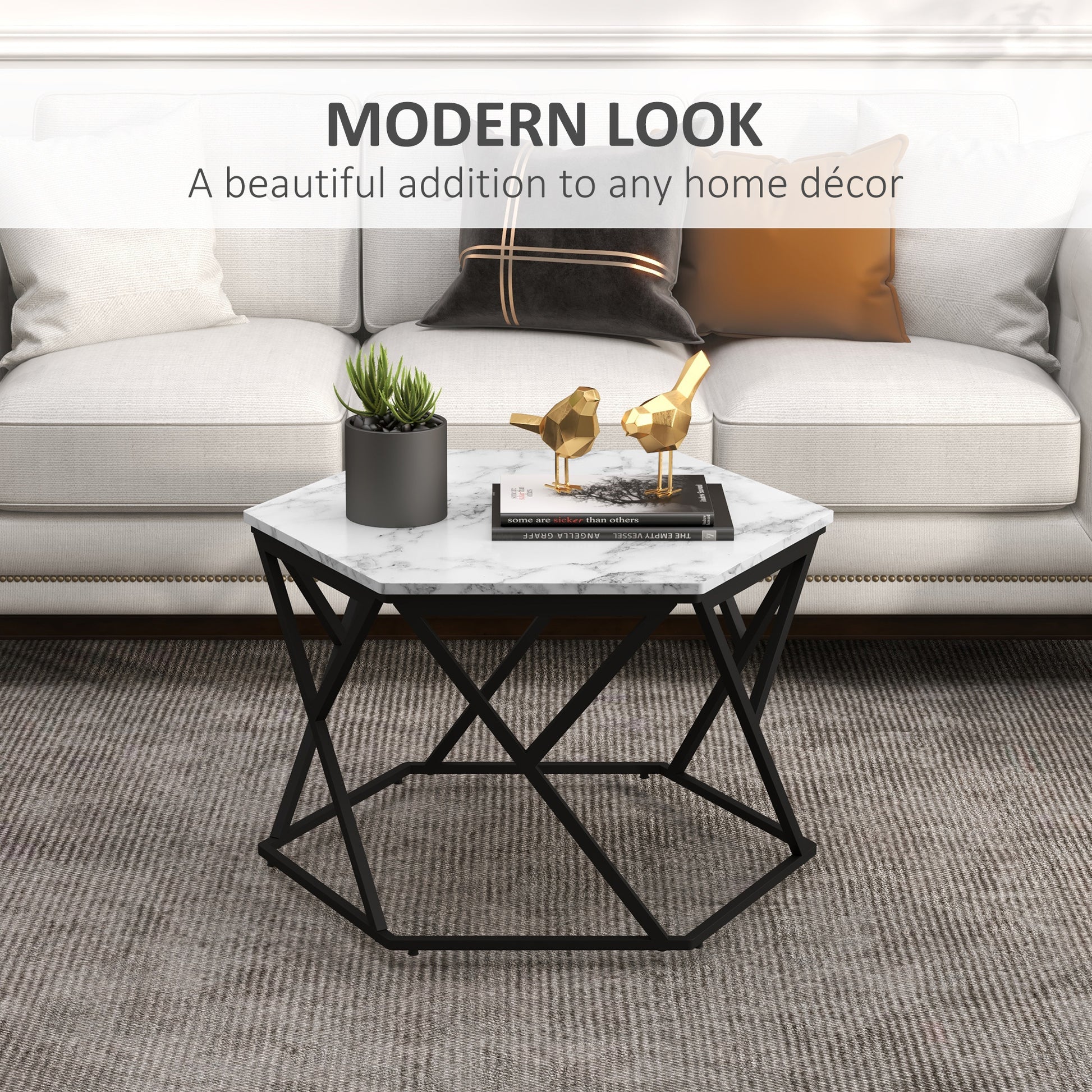 Modern Coffee Table, Cocktail Table with High Gloss Marble Effect Top, Steel Frame, for Living Room, White Marble, HOMCOM, 4