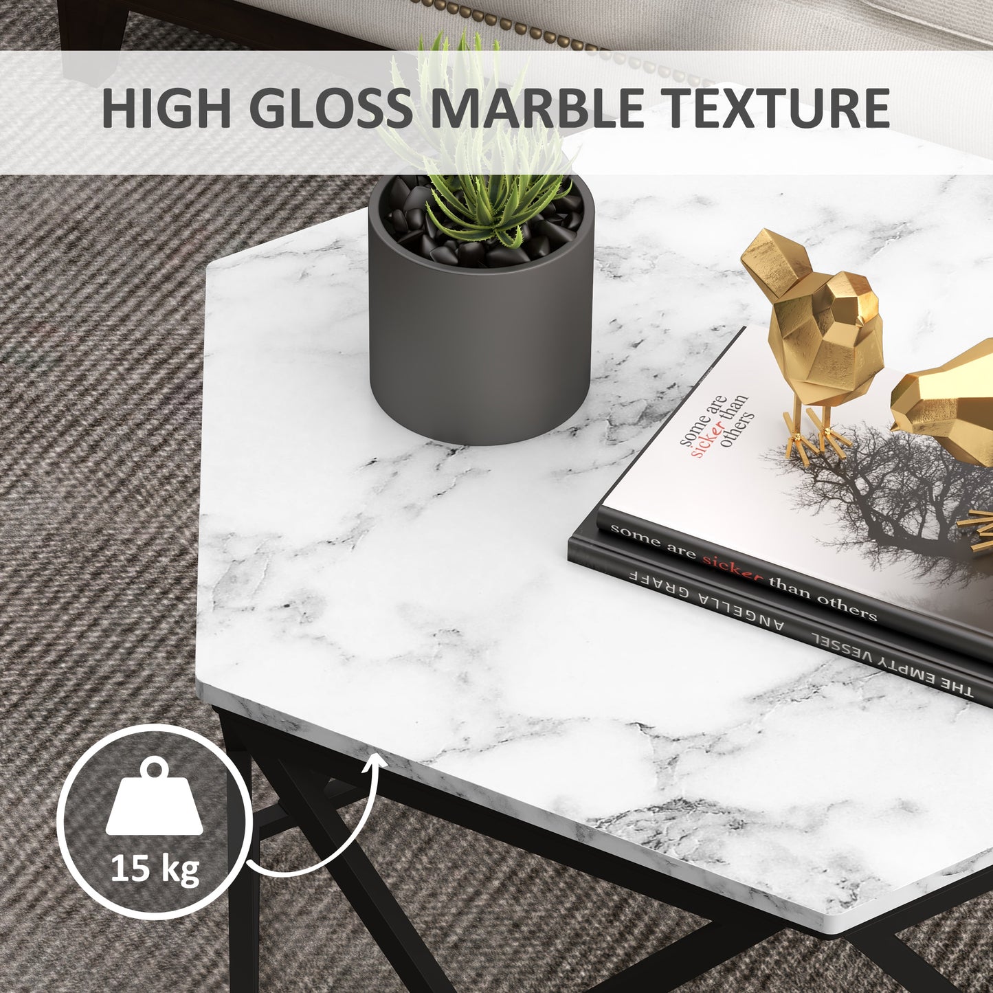 Modern Coffee Table, Cocktail Table with High Gloss Marble Effect Top, Steel Frame, for Living Room, White Marble, HOMCOM, 5