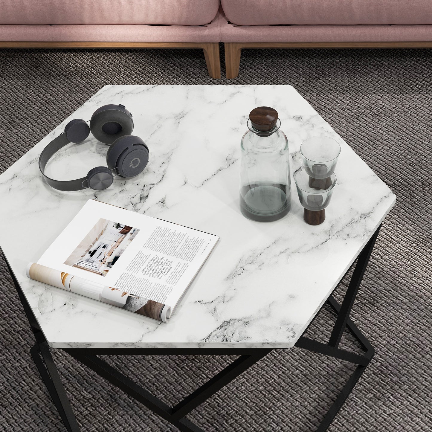 Modern Coffee Table, Cocktail Table with High Gloss Marble Effect Top, Steel Frame, for Living Room, White Marble, HOMCOM, 8