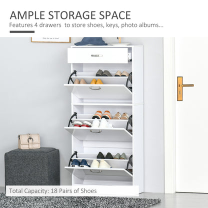 Shoe Cabinet with 3 Flip Drawers, High Gloss Shoe Storage Cabinet with Top Drawer and Adjustable Shelves, Shoe Cupboard for 18 Pairs, White, HOMCOM, 4