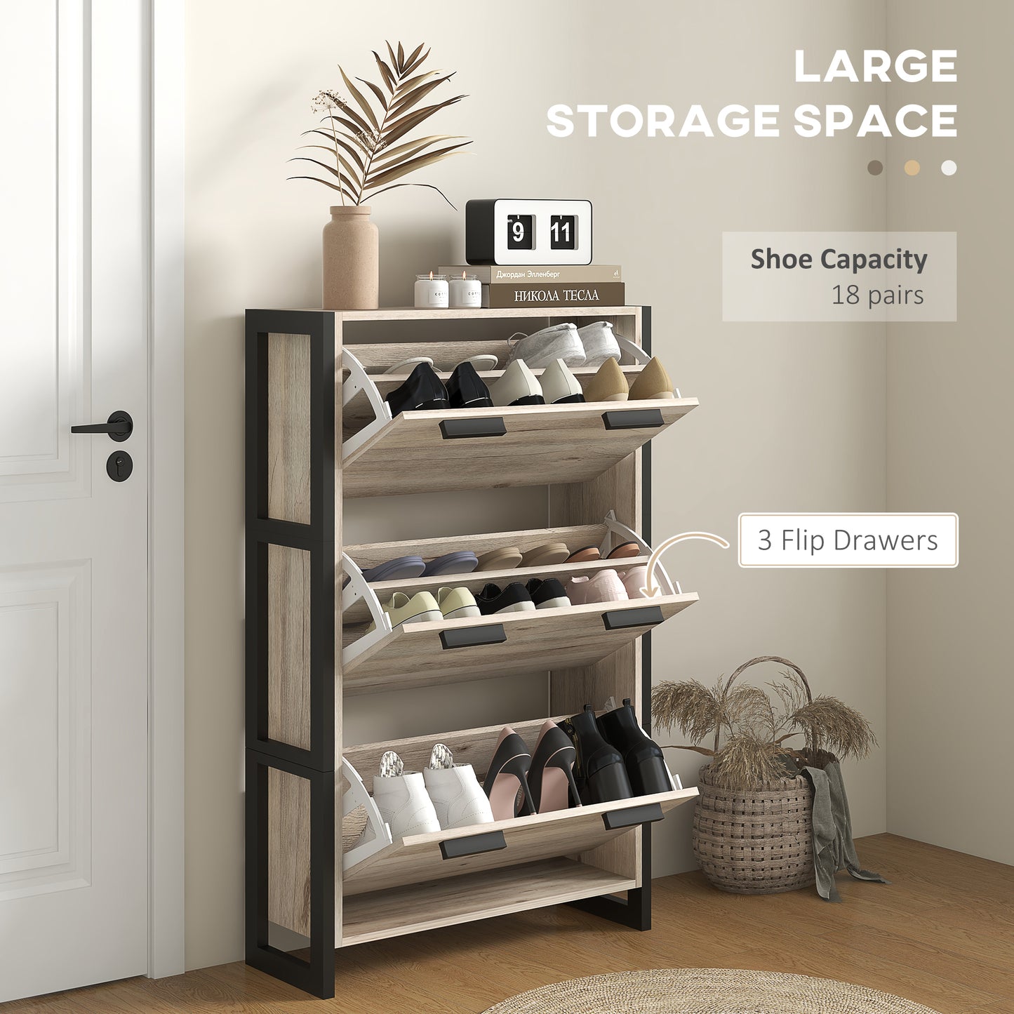 Shoe Storage Cabinet with 3 Flip Drawers Adjustable Shelf 18 Pairs Narrow Shoe Cupboard for Entryway Natural Wood-effect, HOMCOM, 4