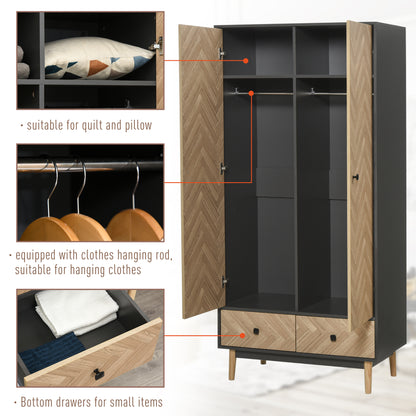Modern Wardrobe Cabinet Wood Grain Sticker Surface with Shelf, Hanging Rod and 2 Drawers 90x50x190cm, HOMCOM, 5