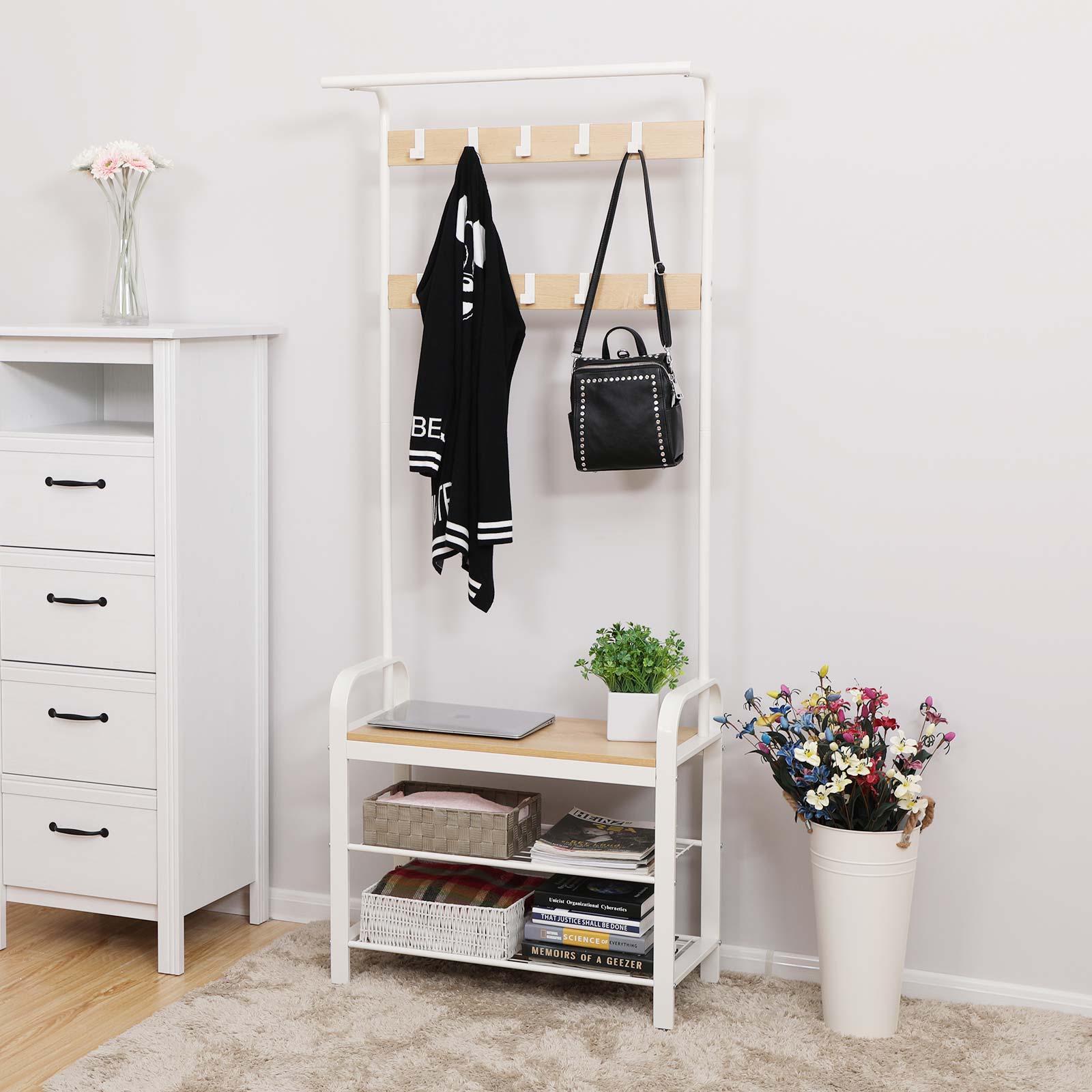 Coat Rack, Coat Stand with Shoe Storage Bench, 4-in-1 Design, 3