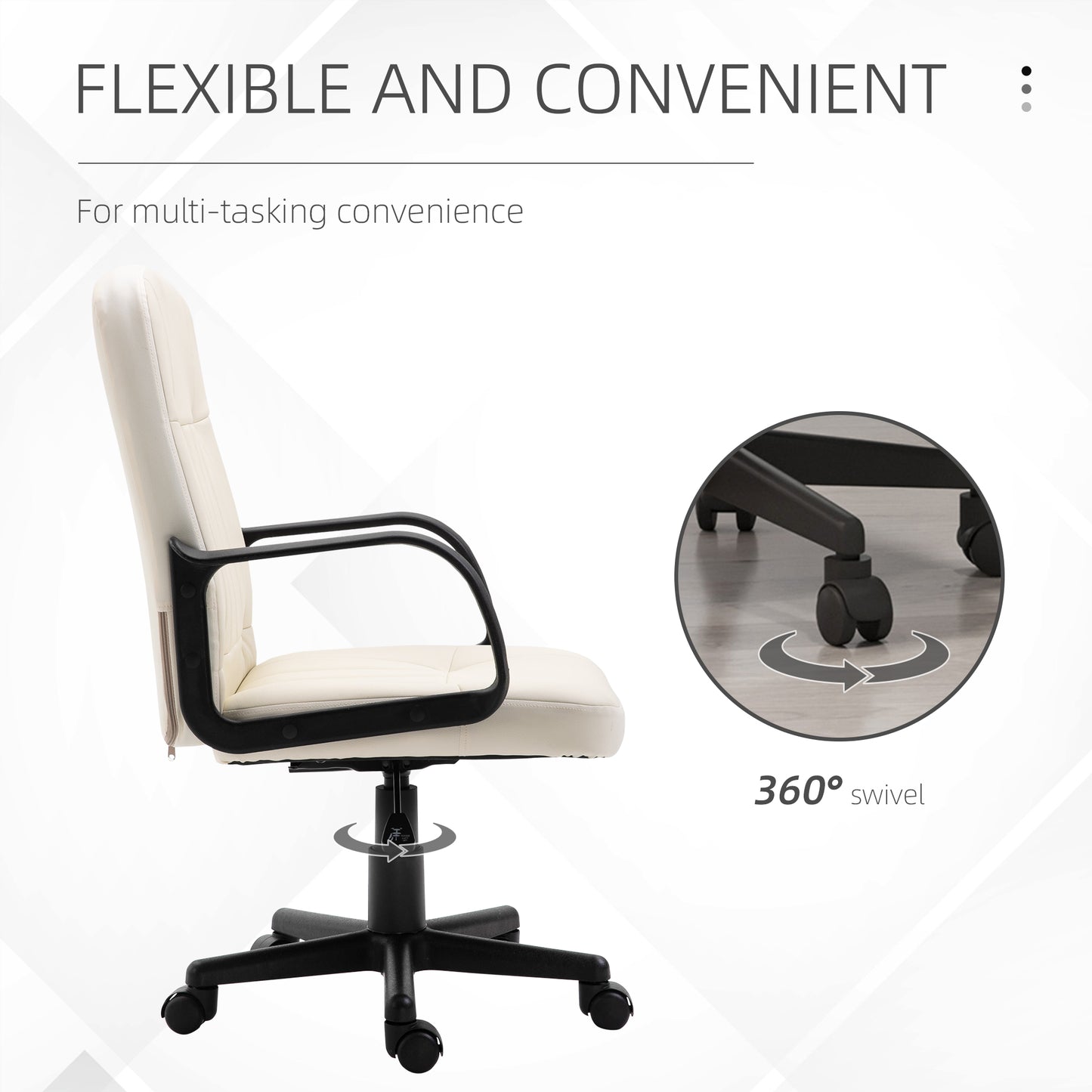 Swivel Executive Office Chair Home, Office Mid Back PU Leather Computer Desk Chair for Adults, Wheels, Cream, HOMCOM, 5