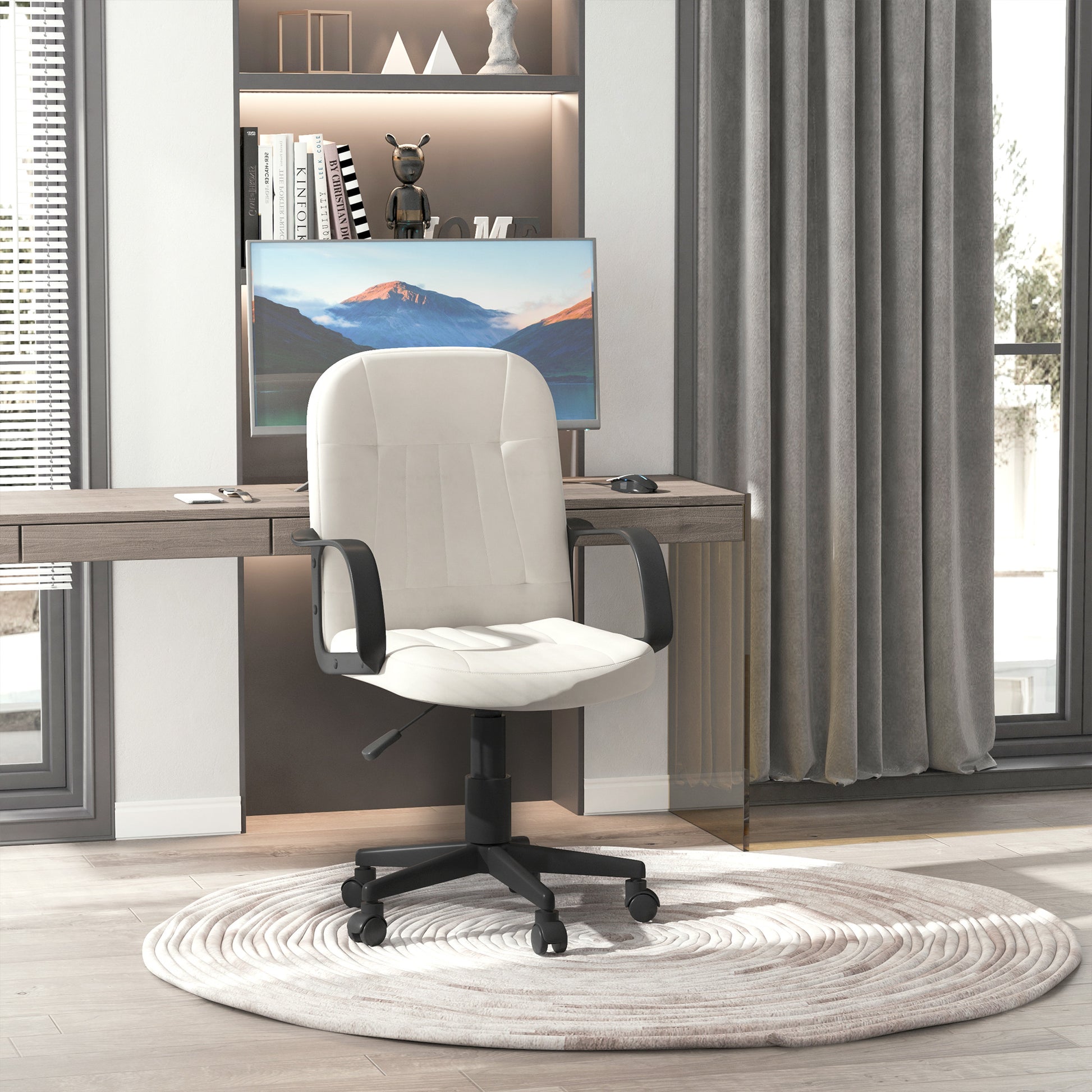 Swivel Executive Office Chair Home, Office Mid Back PU Leather Computer Desk Chair for Adults, Wheels, Cream, HOMCOM, 2