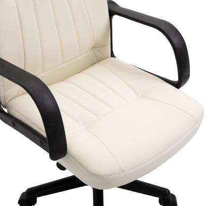 Swivel Executive Office Chair Home, Office Mid Back PU Leather Computer Desk Chair for Adults, Wheels, Cream, HOMCOM, 7