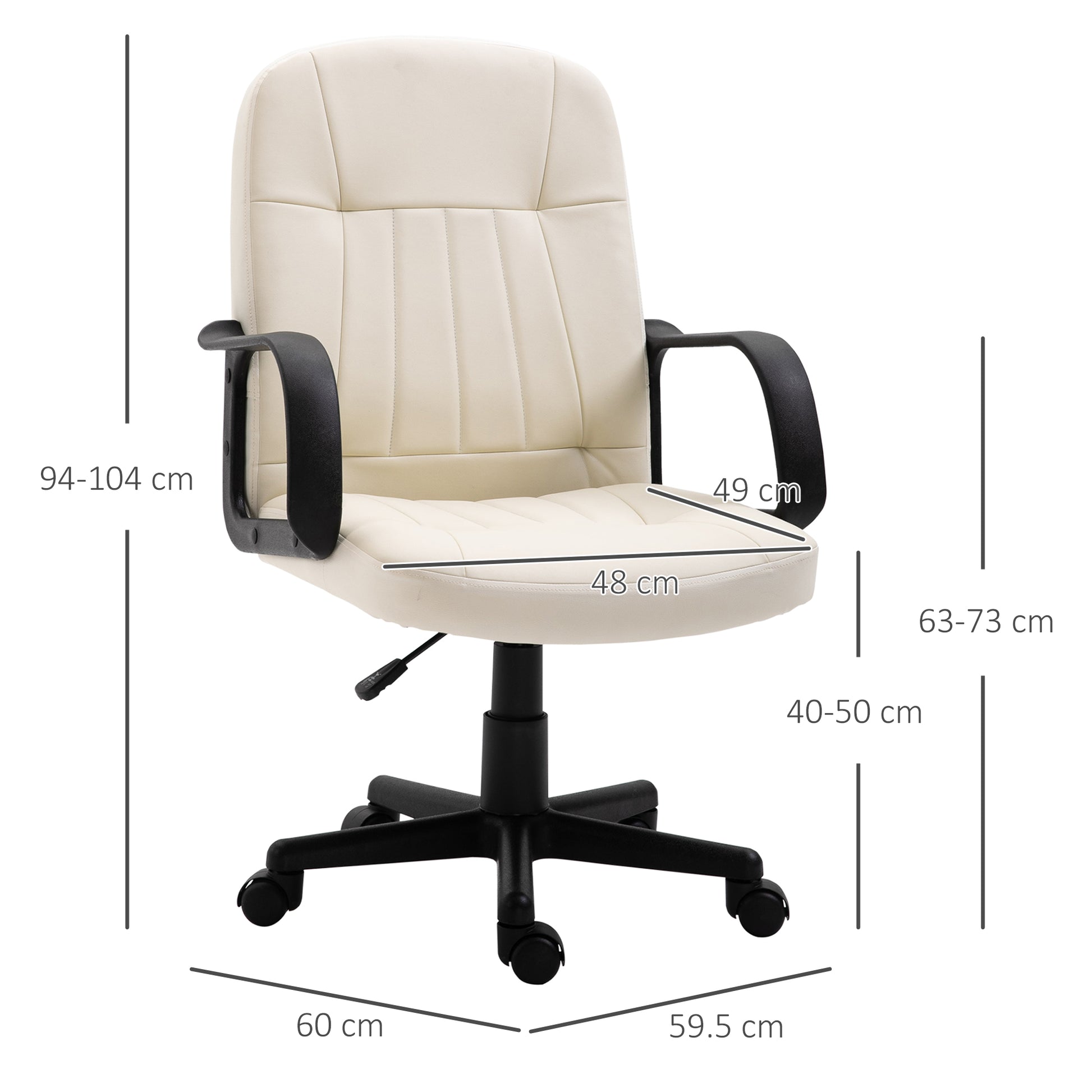 Swivel Executive Office Chair Home, Office Mid Back PU Leather Computer Desk Chair for Adults, Wheels, Cream, HOMCOM, 3