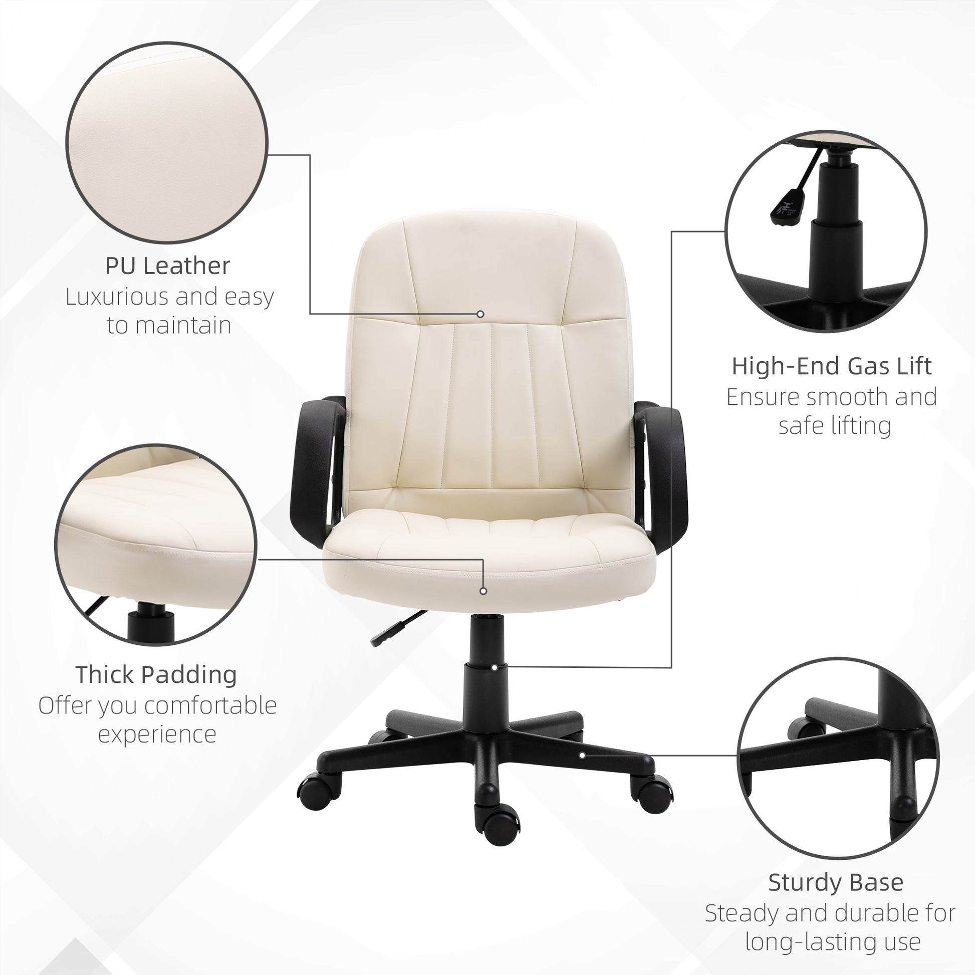 Swivel Executive Office Chair Home, Office Mid Back PU Leather Computer Desk Chair for Adults, Wheels, Cream, HOMCOM, 6
