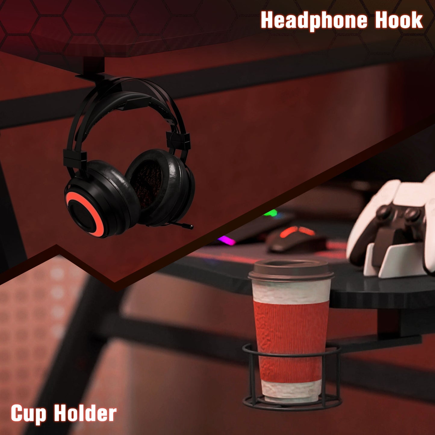 Gaming Desk 120 x 65 cm Steel Frame with Cup Holder, Headphone Hook, Adjustable Feet and Cable Organiser, Home Office Computer Table, Black, HOMCOM, 6