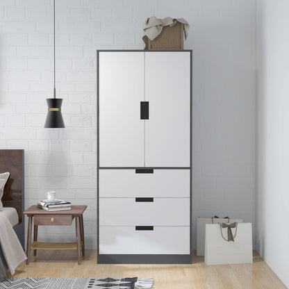 2 Door Wardrobe, Modern Wardrobe with 3 Drawers and Hanging Rod for Bedroom, Grey, HOMCOM, 7